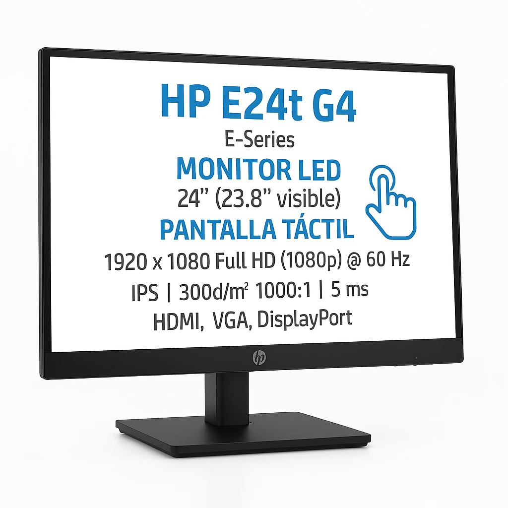 HP E24t G4 - E-Series - monitor LED - 24" (23.8" visible) - pantalla táctil - 1920 x 1080 Full HD (1080p) @ 60 Hz - IPS - 300 cd/m² - 1000:1 - 5 ms - HDMI, VGA, DisplayPort - negro