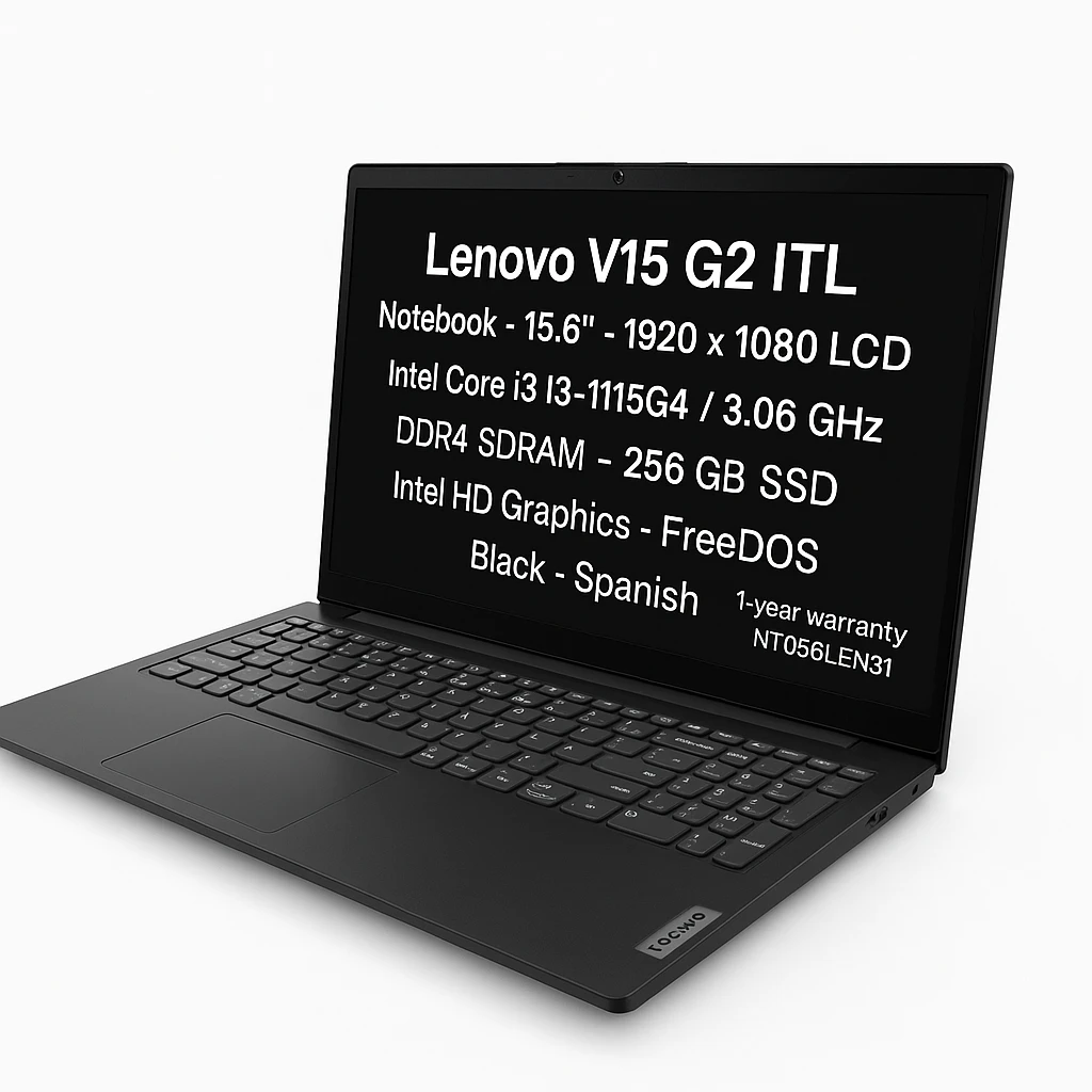 Lenovo V15 G2 ITL - Notebook - 15.6" - 1920 x 1080 LCD - Intel Core i3 I3-1115G4 / 3.06 GHz - DDR4 SDRAM - 256 GB SSD - Intel HD Graphics - FreeDOS - Black - Spanish - 1-year warranty