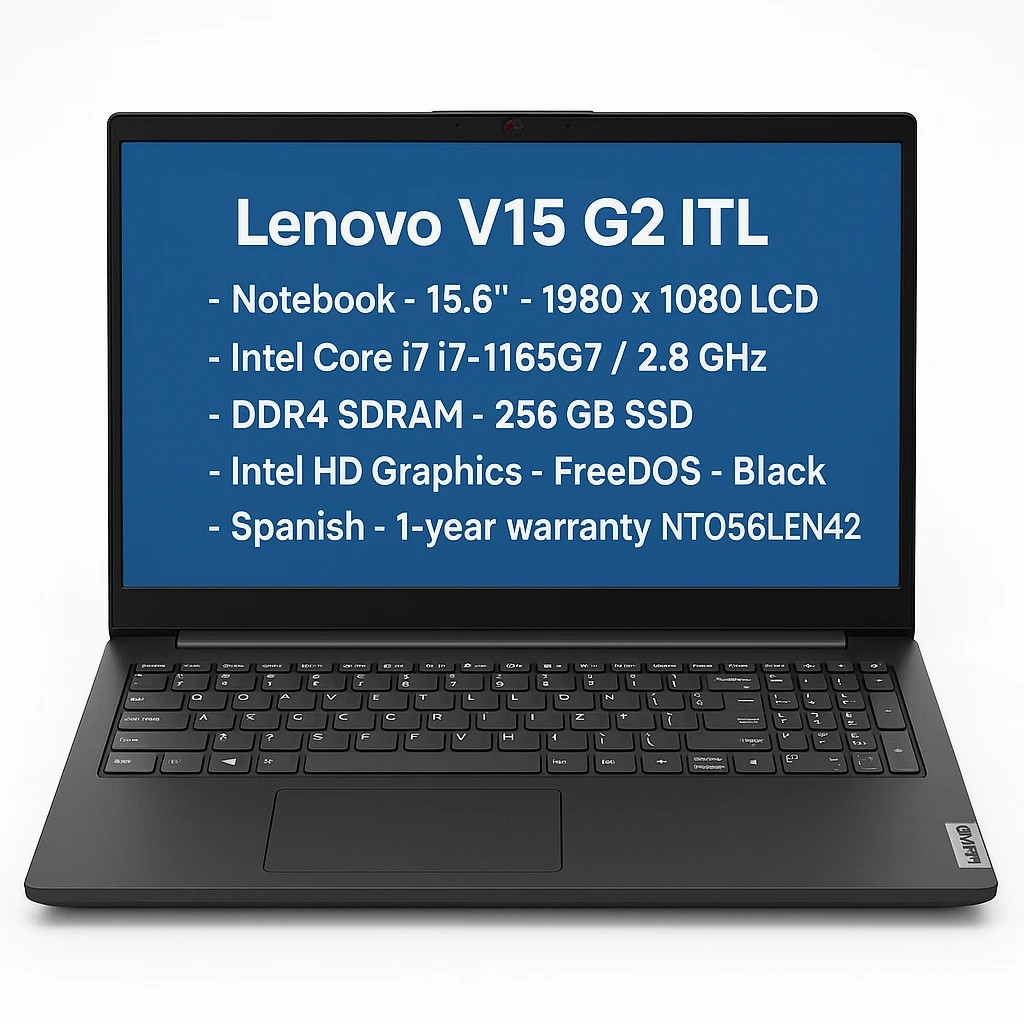 Lenovo V15 G2 ITL - Notebook - 15.6" - 1980 x 1080 LCD - Intel Core i7 I7-1165G7 / 2.8 GHz - DDR4 SDRAM - 256 GB SSD - Intel HD Graphics - FreeDOS - Black - Spanish - 1-year warranty