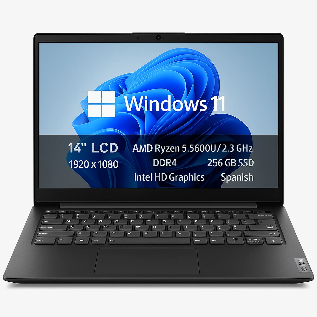 Lenovo - Notebook - 14" - 1920 x 1080 LCD - AMD Ryzen 5 5600U / 2.3 GHz - DDR4 SDRAM - 256 GB SSD - Intel HD Graphics - Windows 11 Home - Black - Spanish - 1-year warranty