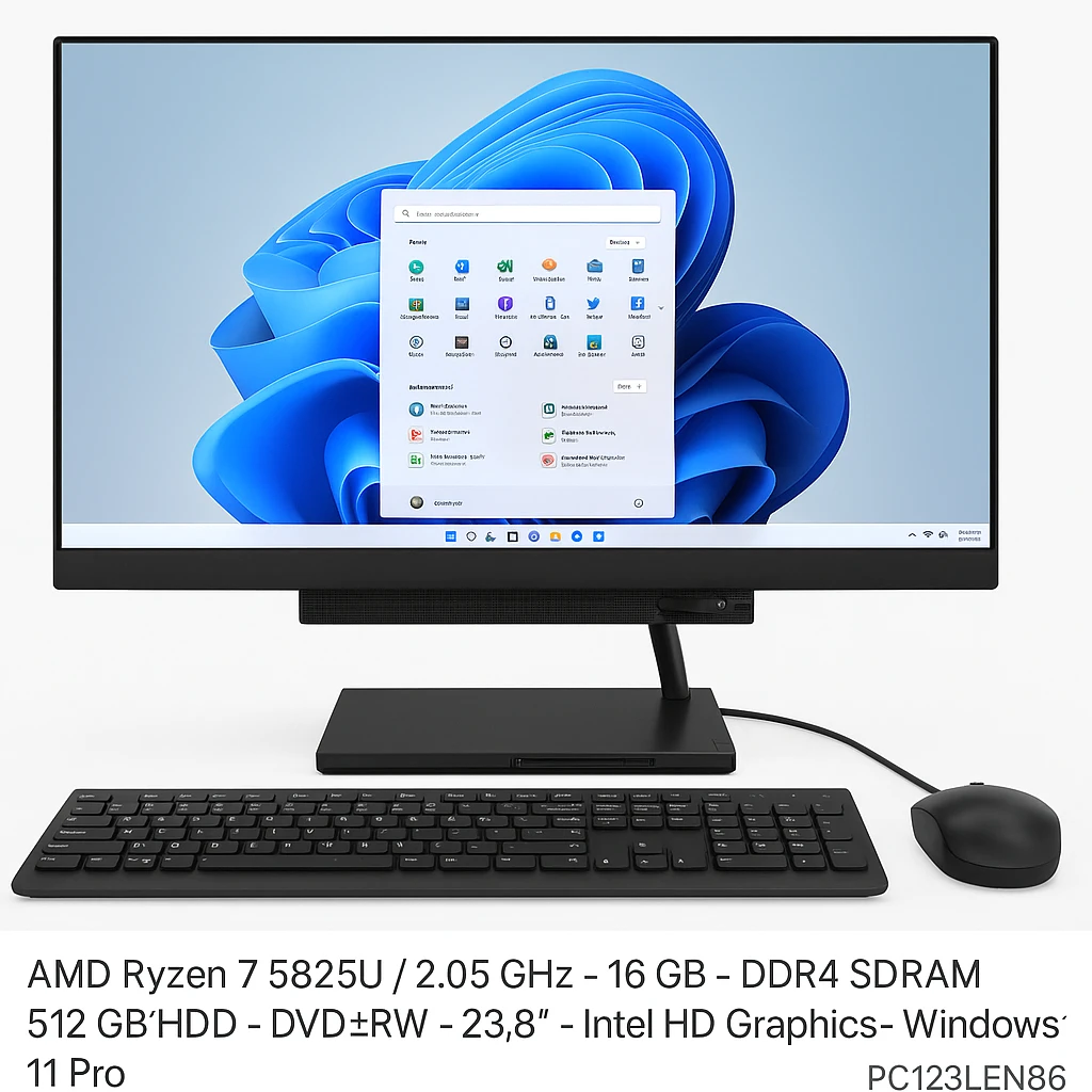Lenovo - All-in-one - AMD Ryzen 7 5825U / 2.05 GHz - 16 GB - DDR4 SDRAM - 512 GB HDD - DVD±RW - 23.8" - Intel HD Graphics - Windows 11 Pro - All black - Spanish