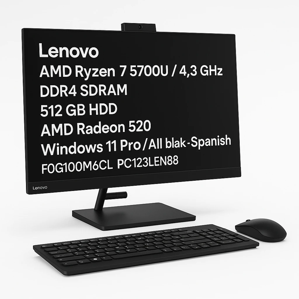 Lenovo - All-in-one - AMD Ryzen 7 5700U / 4.3 GHz - DDR4 SDRAM - 512 GB HDD - 23.8" - AMD Radeon 520 - Windows 11 Pro - Black and white / All black - Spanish - F0G100M6CL