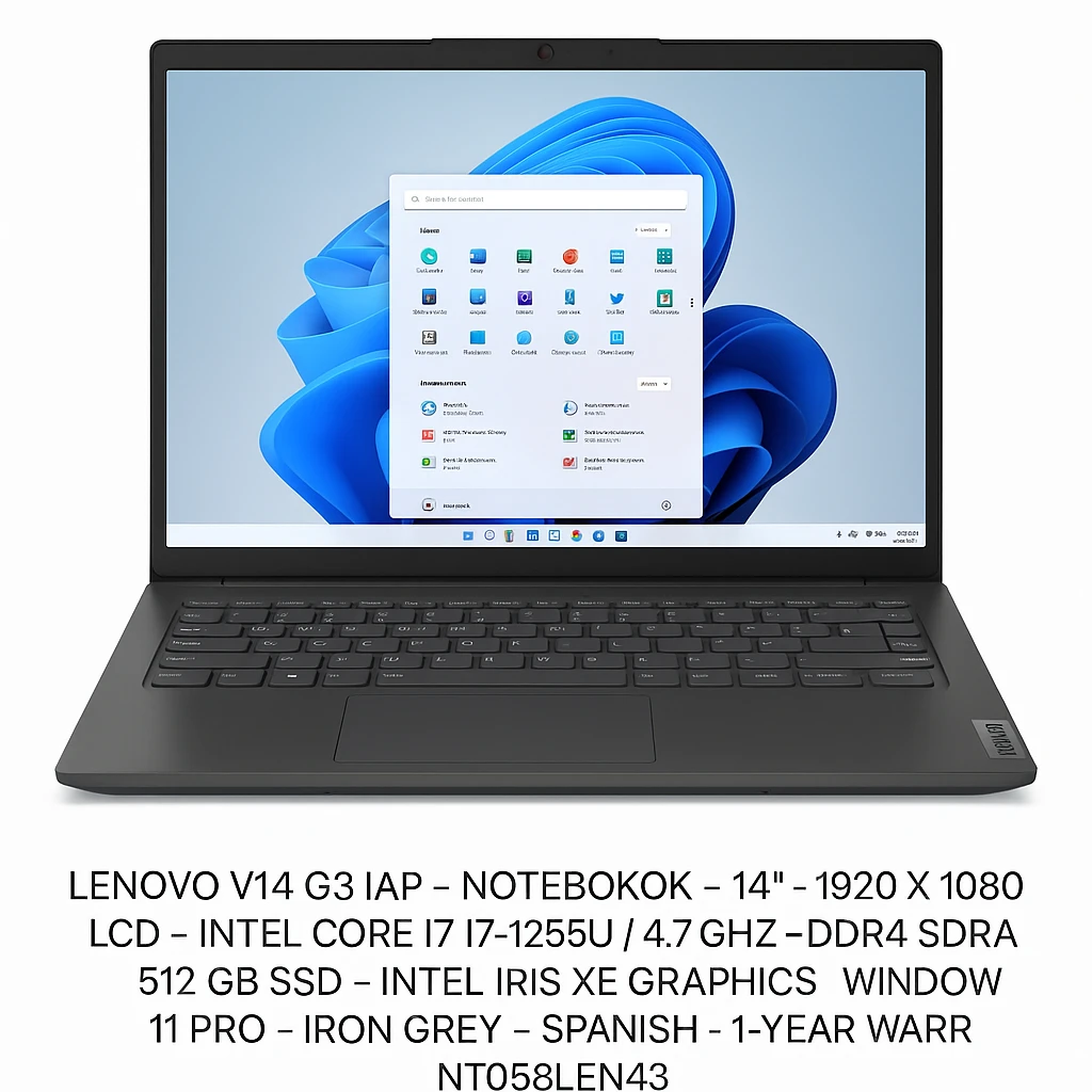Lenovo V14 G3 IAP - Notebook - 14" - 1920 x 1080 LCD - Intel Core i7 I7-1255U / 4.7 GHz - DDR4 SDRAM - 512 GB SSD - Intel Iris Xe Graphics - Windows 11 Pro - Iron Grey - Spanish - 1-year warr