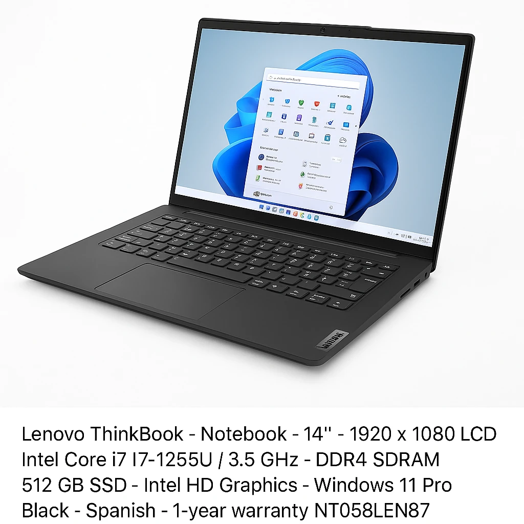 Lenovo ThinkBook - Notebook - 14" - 1920 x 1080 LCD - Intel Core i7 I7-1255U / 3.5 GHz - DDR4 SDRAM - 512 GB SSD - Intel HD Graphics - Windows 11 Pro - Black - Spanish - 1-year warranty