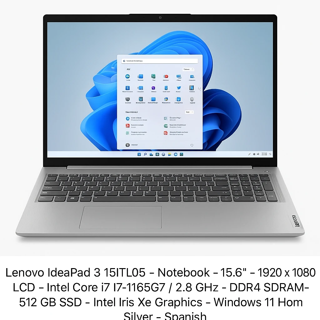 Lenovo IdeaPad 3 15ITL05 - Notebook - 15.6" - 1920 x 1080 LCD - Intel Core i7 I7-1165G7 / 2.8 GHz - DDR4 SDRAM - 512 GB SSD - Intel Iris Xe Graphics - Windows 11 Home - Silver - Spanish - 1-y