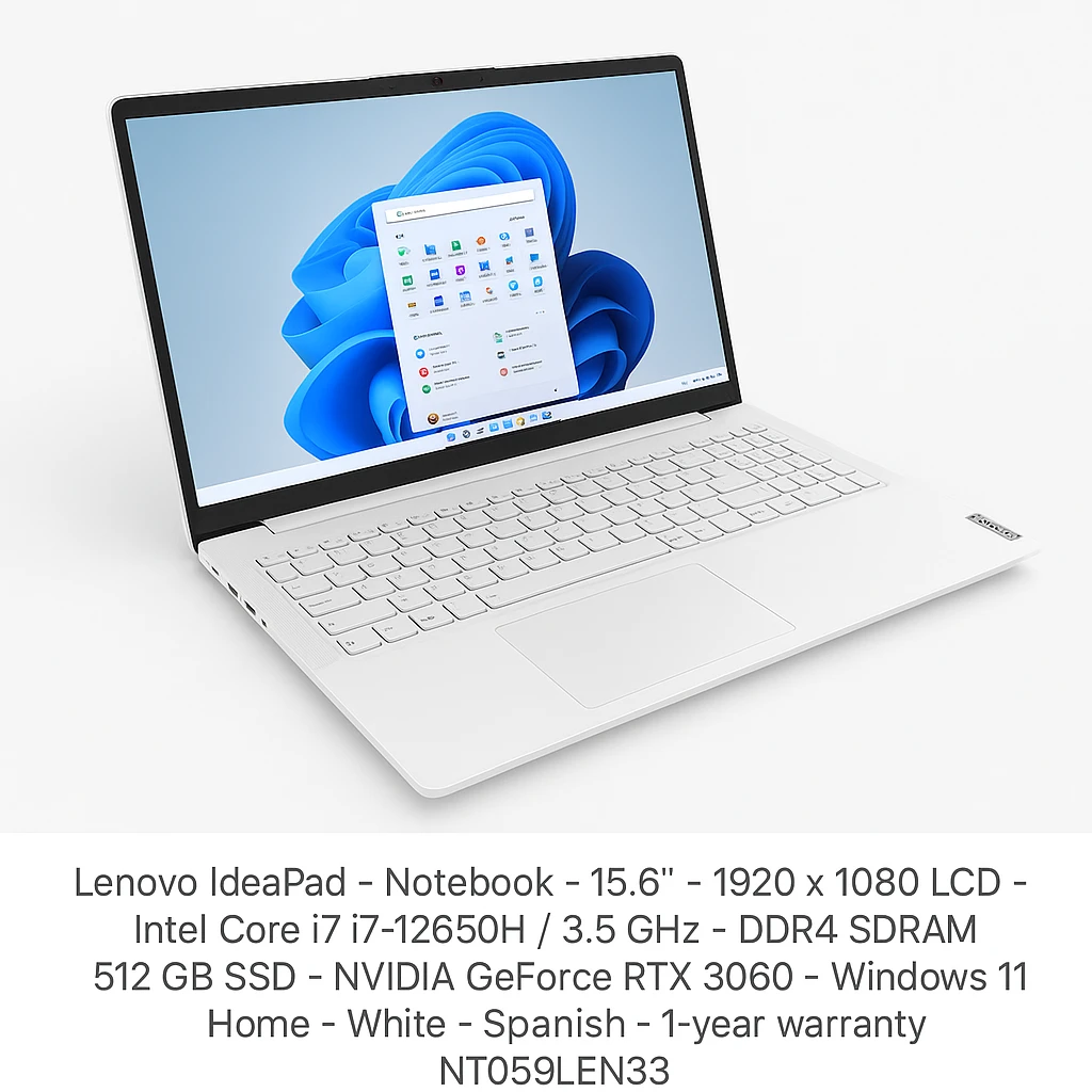 Lenovo IdeaPad - Notebook - 15.6" - 1920 x 1080 LCD - Intel Core i7 i7-12650H / 3.5 GHz - DDR4 SDRAM - 512 GB SSD - NVIDIA GeForce RTX 3060 - Windows 11 Home - White - Spanish - 1-year warran