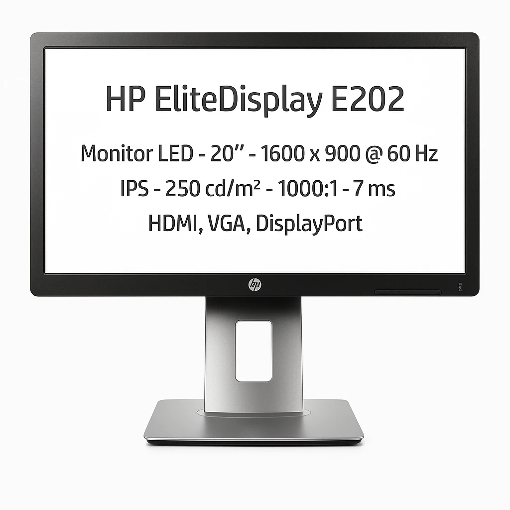 HP EliteDisplay E202 - Monitor LED - 20" - 1600 x 900 @ 60 Hz - IPS - 250 cd/m² - 1000:1 - 7 ms - HDMI, VGA, DisplayPort - negro, plata