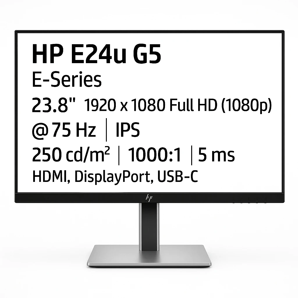 HP E24u G5 - E-Series - monitor LED - 23.8" - 1920 x 1080 Full HD (1080p) @ 75 Hz - IPS - 250 cd/m² - 1000:1 - 5 ms - HDMI, DisplayPort, USB-C - cabezal negro, negro y plateado (soporte)