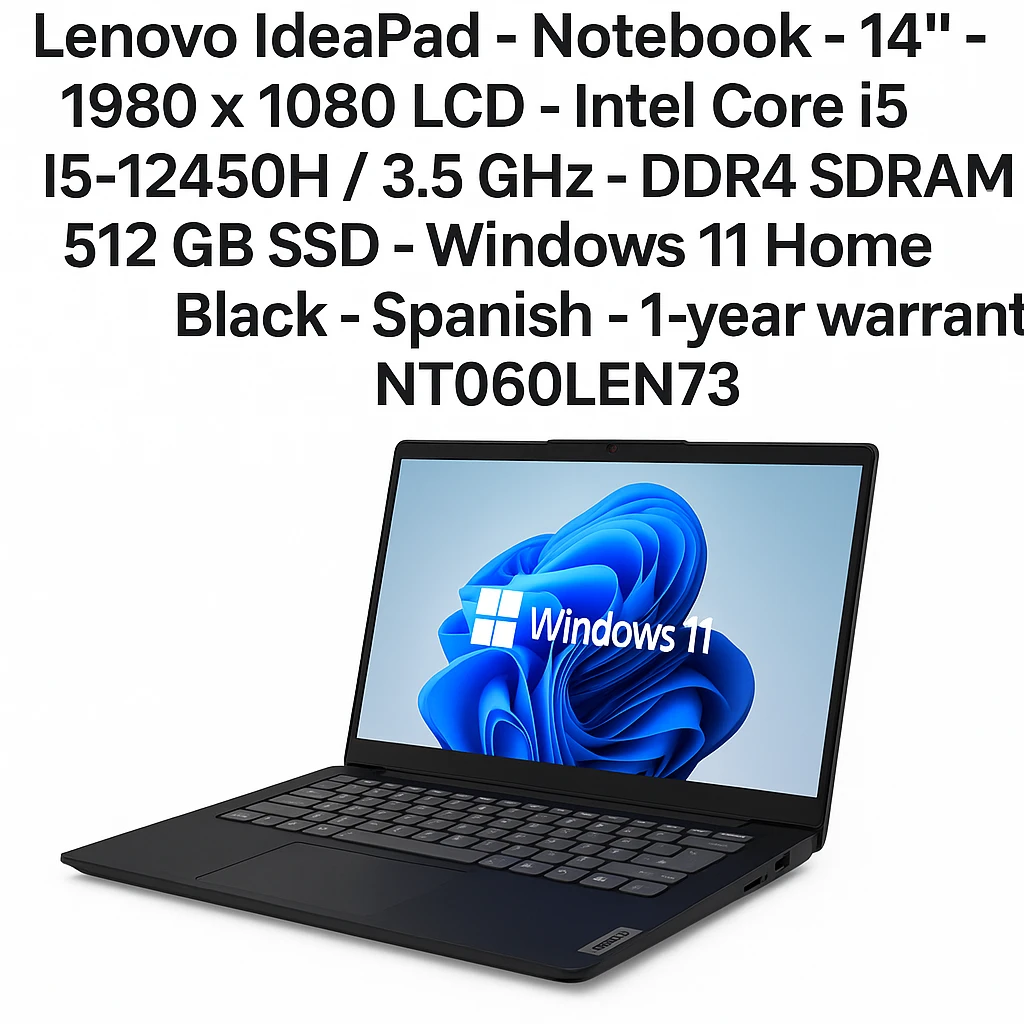 Lenovo IdeaPad - Notebook - 14" - 1980 x 1080 LCD - Intel Core i5 I5-12450H / 3.5 GHz - DDR4 SDRAM - 512 GB SSD - Windows 11 Home - Black - Spanish - 1-year warranty