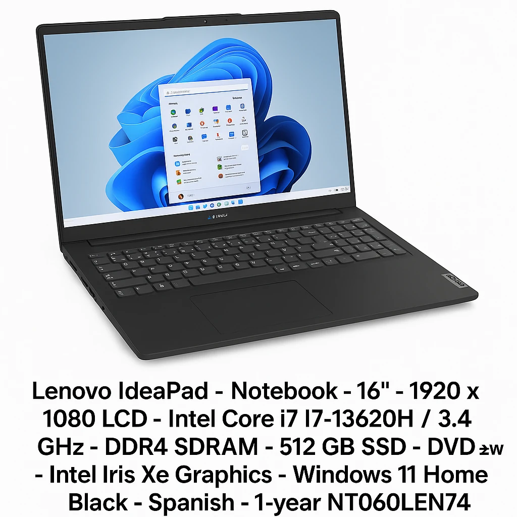 Lenovo IdeaPad - Notebook - 16" - 1920 x 1080 LCD - Intel Core i7 I7-13620H / 3.4 GHz - DDR4 SDRAM - 512 GB SSD - DVD±RW - Intel Iris Xe Graphics - Windows 11 Home - Black - Spanish - 1-year 