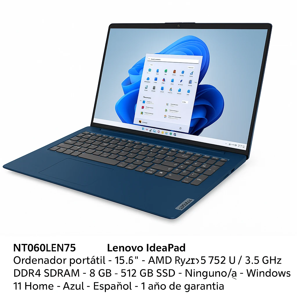 Lenovo IdeaPad - Ordenador portátil - 15.6" - 1980 x 1080 LCD - AMD Ryzen 5 7520U / 3.5 GHz - DDR4 SDRAM - 8 GB - 512 GB SSD - Ninguno/a - Windows 11 Home - Azul - Español - 1 año de garantía
