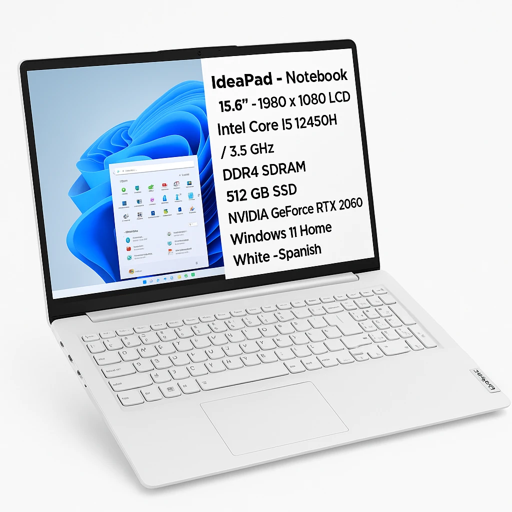 Lenovo IdeaPad - Notebook - 15.6" - 1980 x 1080 LCD - Intel Core i5 12450H / 3.5 GHz - DDR4 SDRAM - 512 GB SSD - NVIDIA GeForce RTX 2060 - Windows 11 Home - White - Spanish - 1-year warranty