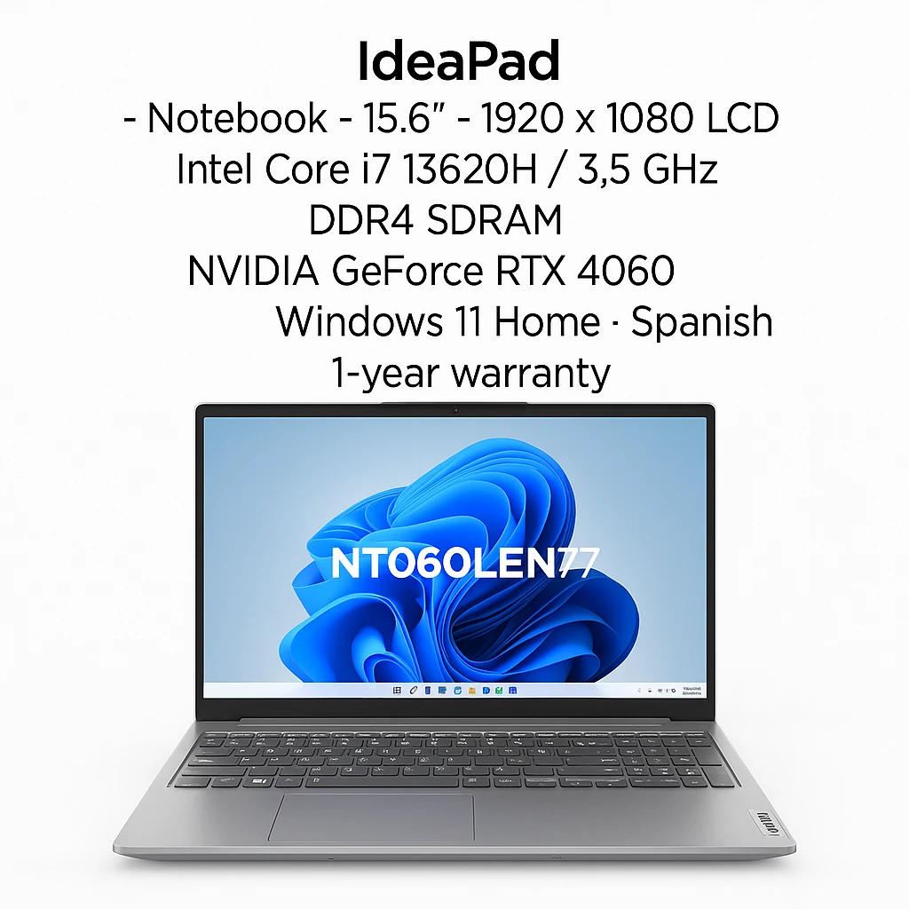 Lenovo IdeaPad - Notebook - 15.6" - 1920 x 1080 LCD - Intel Core i7 13620H / 3.5 GHz - DDR4 SDRAM - 512 GB SSD - NVIDIA GeForce RTX 4060 - Windows 11 Home - Silver - Spanish - 1-year warranty