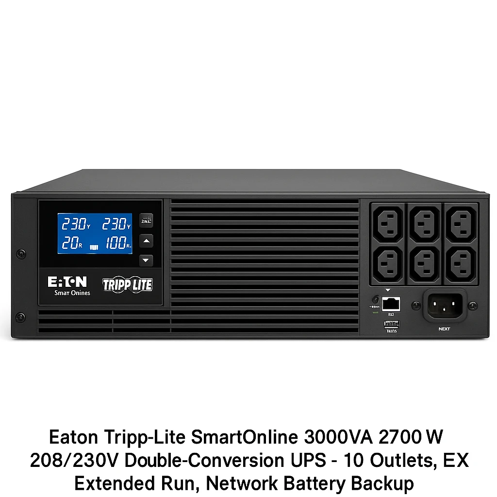 Eaton Tripp Lite Series SmartOnline 3000VA 2700W 208/230V Double-Conversion UPS - 10 Outlets, Extended Run, Network Card Option, LCD, USB, DB9, 2U Rack/Tower Battery Backup - UPS (montaje en 