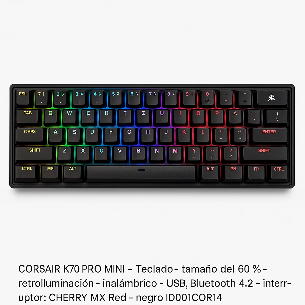 CORSAIR K70 PRO MINI - Teclado - tamaño del 60 % - retroiluminación - inalámbrico - USB, Bluetooth 4.2 - interruptor: CHERRY MX Red - negro