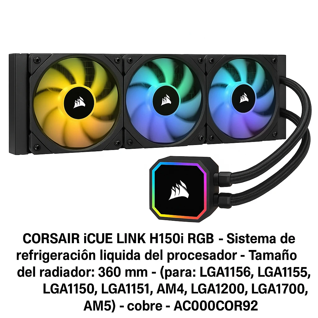 CORSAIR iCUE Link H150I RGB - Sistema de refrigeración líquida del procesador - Tamaño del radiador: 360 mm - (para: LGA1156, LGA1155, LGA1150, LGA1151, AM4, LGA1200, LGA1700, AM5) - cobre - 