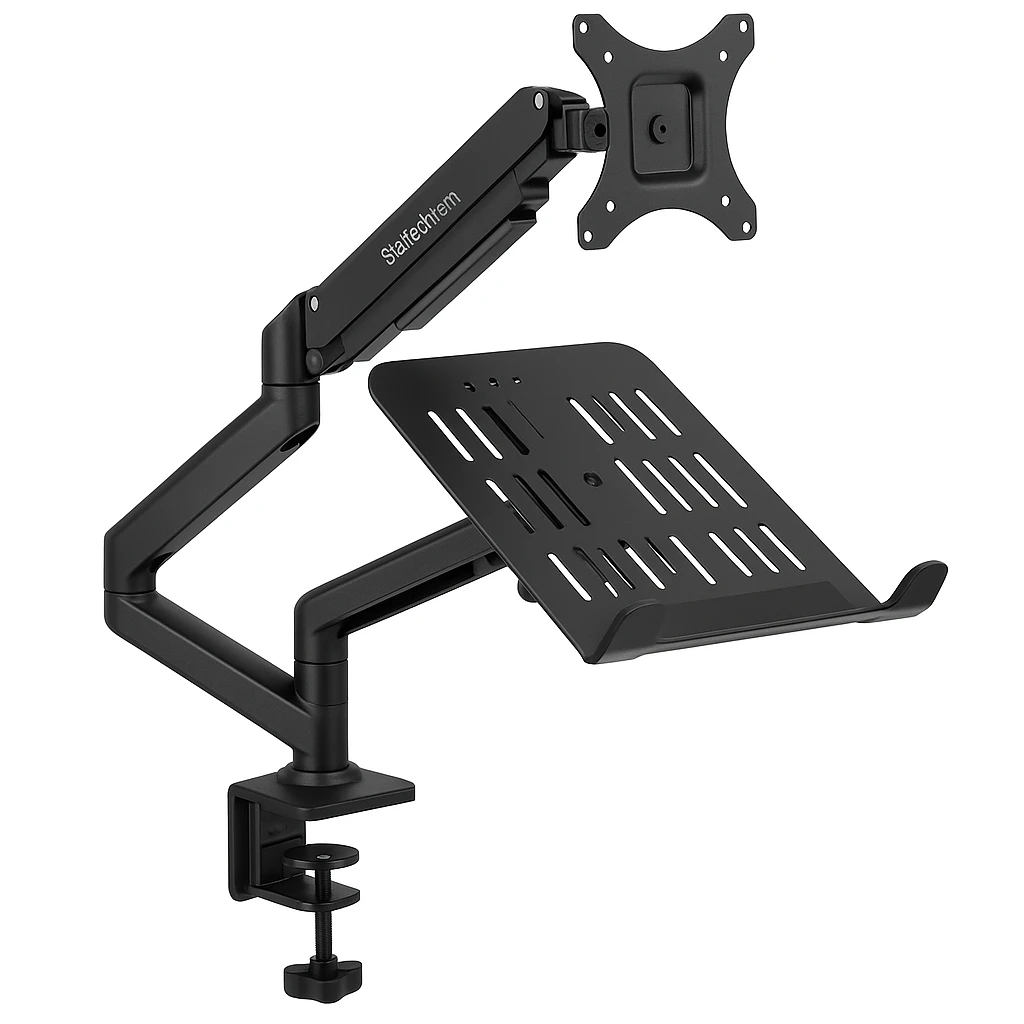 StarTech.com Monitor Arm with VESA Laptop Tray, For a Laptop (4.5kg / 9.9lb) and a Single Display up to 32" (8kg / 17.6lb), Black, Adjustable Desk Laptop Arm Mount, C-clamp/Grommet Mount - VE