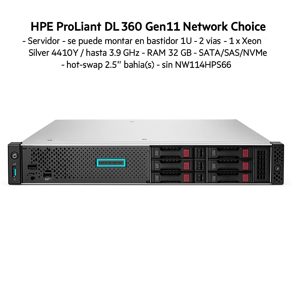 HPE ProLiant DL360 Gen11 Network Choice - Servidor - se puede montar en bastidor 1U - 2 vías - 1 x Xeon Silver 4410Y / hasta 3.9 GHz - RAM 32 GB - SATA/SAS/NVMe - hot-swap 2.5" bahía(s) - sin