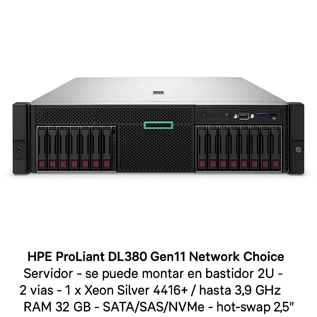 HPE ProLiant DL380 Gen11 Network Choice - Servidor - se puede montar en bastidor 2U - 2 vías - 1 x Xeon Silver 4416+ / hasta 3.9 GHz - RAM 32 GB - SATA/SAS/NVMe - hot-swap 2.5" bahía(s) - sin