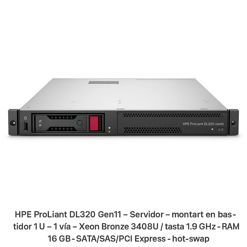 HPE ProLiant DL320 Gen11 - Servidor - se puede montar en bastidor 1U - 1 vía - 1 x Xeon Bronze 3408U / hasta 1.9 GHz - RAM 16 GB - SATA/SAS/PCI Express - hot-swap 3.5" bahía(s) - sin disco du