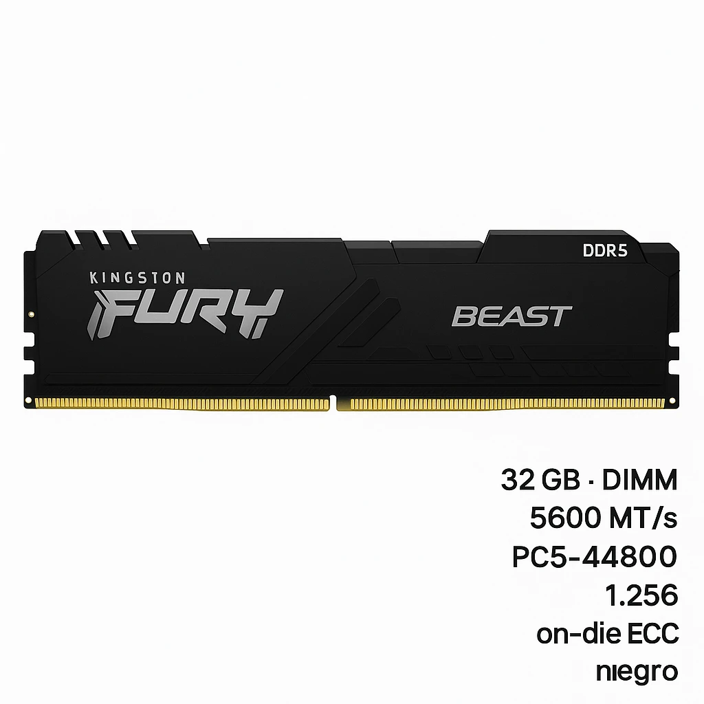 Kingston FURY Beast - DDR5 - módulo - 32 GB - DIMM de 288 contactos - 5600 MT/s / PC5-44800 - CL36 - 1.25 V - sin búfer - on-die ECC - negro