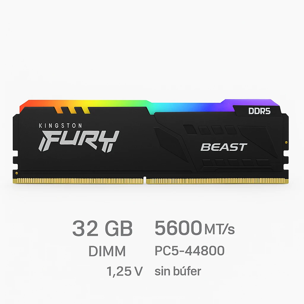 Kingston FURY Beast RGB - DDR5 - módulo - 32 GB - DIMM de 288 contactos - 5600 MT/s / PC5-44800 - CL36 - 1.25 V - sin búfer - on-die ECC