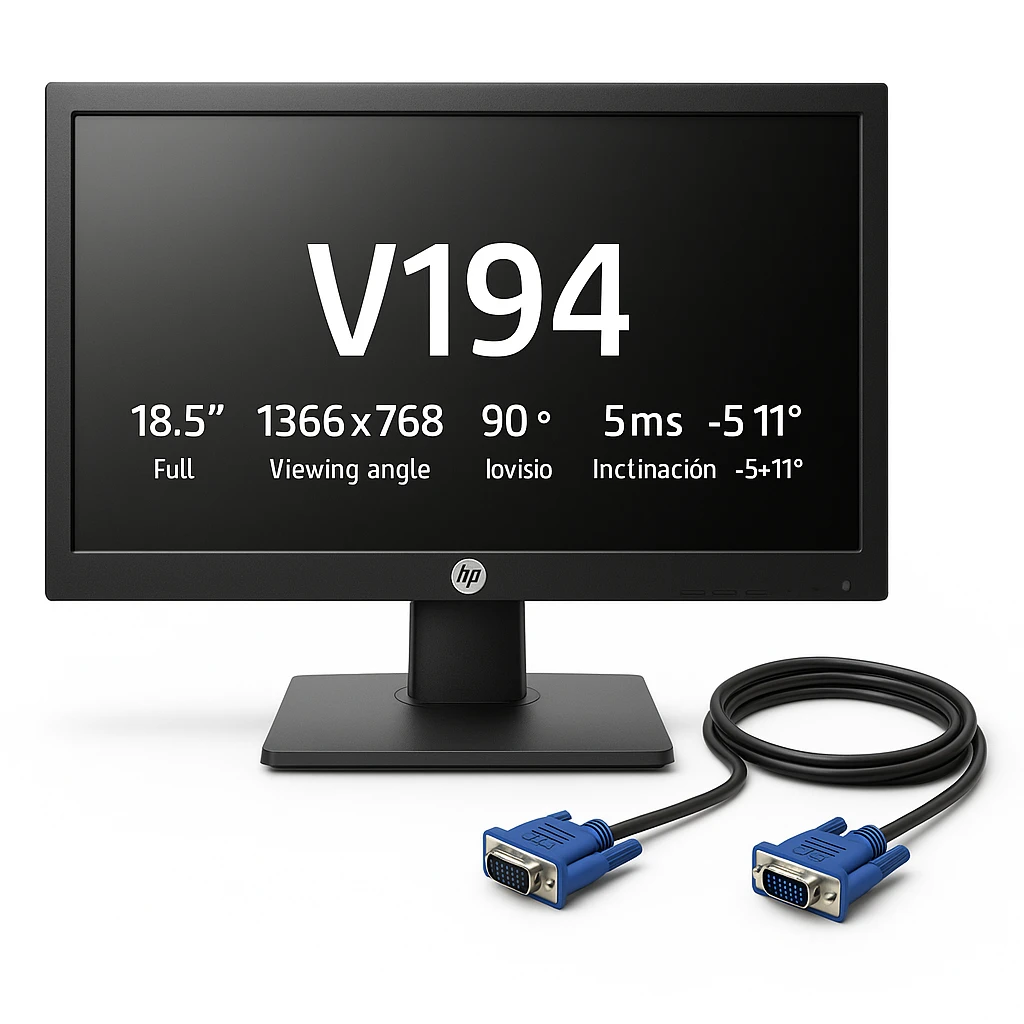 HP - V194 - Monitor 18.5" - Full HD 1366 x 768 - Brillo 200 cd/m² - Angulo de visión 90° - Respuesta 5 ms - Inclinación -5 + 11° - VESA 100 - VGA - Accesorios: Cable VGA - Color: Negro