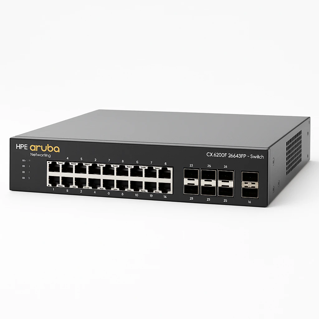 HPE Aruba Networking CX 6200F 24G 4SFP+ Switch - Conmutador - Distancia máx. de apilamiento de 10 km - L3 - Gestionado - 24 x 10/100/1000 + 4 x 100/1000/10G SFP+ - flujo de aire de delante ha