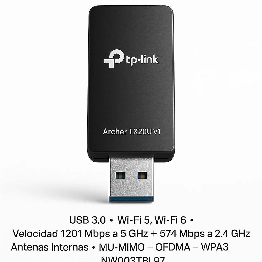 TP-Link Archer TX20U V1 - Adaptador de red - USB 3.0 - Wi-Fi 5, Wi-Fi 6 - Velocidad 1201 Mbps a 5 GHz + 574 Mbps a 2.4 GHz-Antenas Internas - USB 3.0- MU-MIMO – OFDMA - WPA3