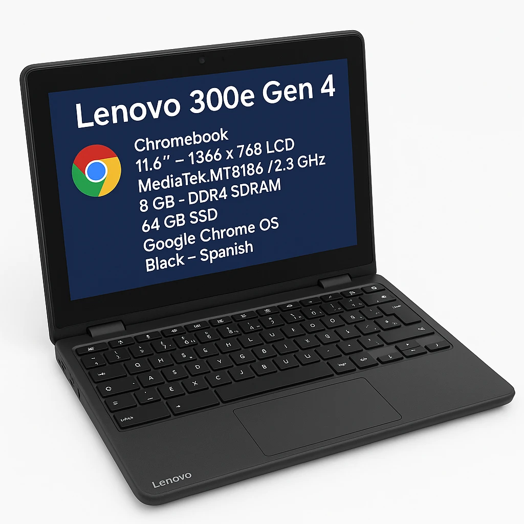Lenovo 300e Gen 4 - Chromebook - 11.6" - 1366 x 768 LCD - MediaTek MT8186 / 2.3 GHz - 8 GB - DDR4 SDRAM - 64 GB SSD - Google Chrome OS - Black - Spanish - 1-year warranty