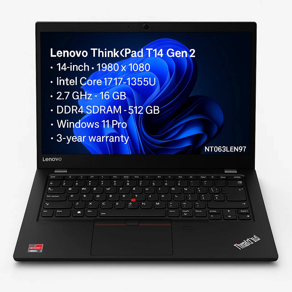 Lenovo ThinkPad T14 Gen 2 - Notebook - 14" - 1980 x 1080 LCD - Intel Core i7 I7-1355U / 2.7 GHz - 16 GB - DDR4 SDRAM - 512 GB SSD - Windows 11 Pro - Black - Spanish - 3-year warranty
