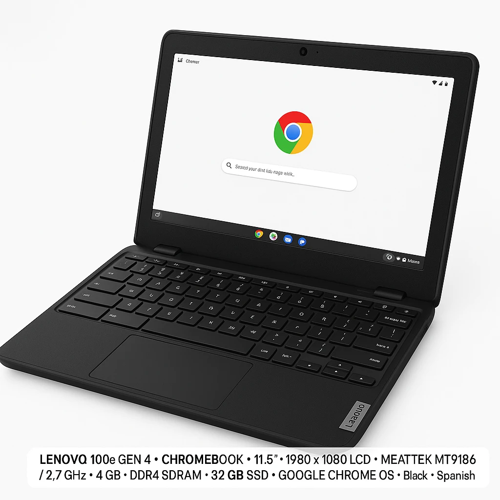 Lenovo 100e GEN 4 - Chromebook - 11.5" - 1980 x 1080 LCD - MediaTek MT8186 / 2.7 GHz - 4 GB - DDR4 SDRAM - 32 GB SSD - Google Chrome OS - Black - Spanish - 1-year warranty