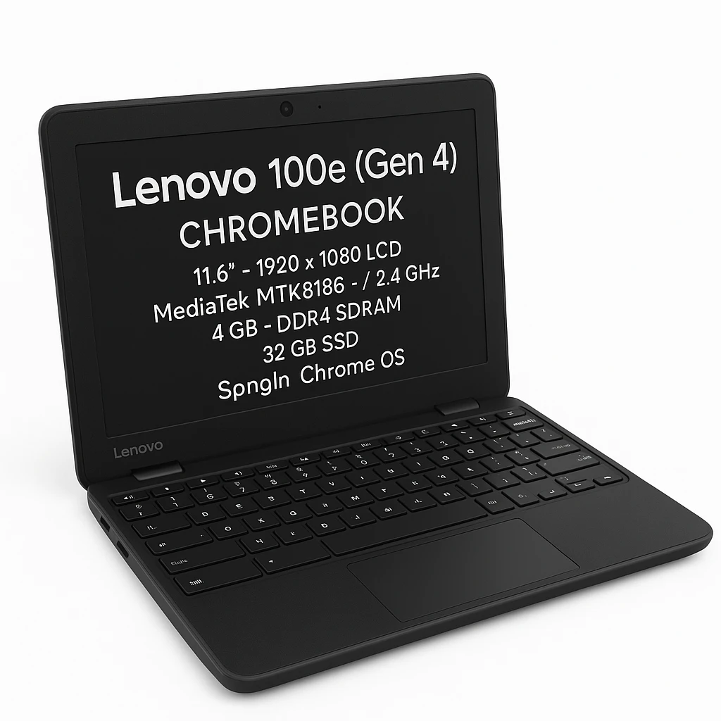 Lenovo 100e (Gen 4) - Chromebook - 11.6" - 1920 x 1080 LCD - MediaTek MTK8186 MKT8186 / 2.4 GHz - 24 GB - DDR4 SDRAM - 32 GB SSD - Google Chrome OS - Black - Spanish - 1-year warranty