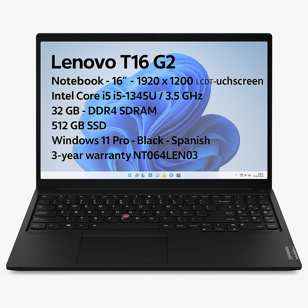 Lenovo T16 G2 - Notebook - 16" - 1920 x 1200 LCD - Touchscreen - Intel Core i5 i5-1345U / 3.5 GHz - 32 GB - DDR4 SDRAM - 512 GB SSD - Windows 11 Pro - Black - Spanish - 3-year warranty