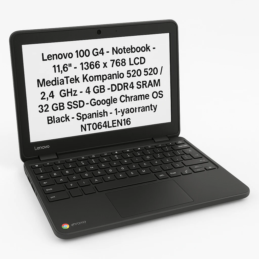 Lenovo 100e G4 - Notebook - 11.6" - 1366 x 768 LCD - MediaTek Kompanio 520 520 / 2.4 GHz - 4 GB - DDR4 SDRAM - 32 GB SSD - Google Chrome OS - Black - Spanish - 1-year warranty