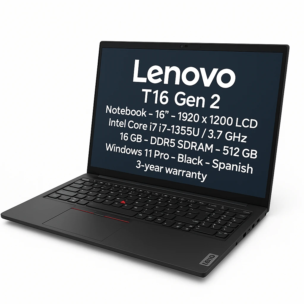 Lenovo T16 Gen 2 - Notebook - 16" - 1920 x 1200 LCD - Intel Core i7 I7-1355U / 3.7 GHz - 16 GB - DDR5 SDRAM - 512 GB SSD - Windows 11 Pro - Black - Spanish - 3-year warranty