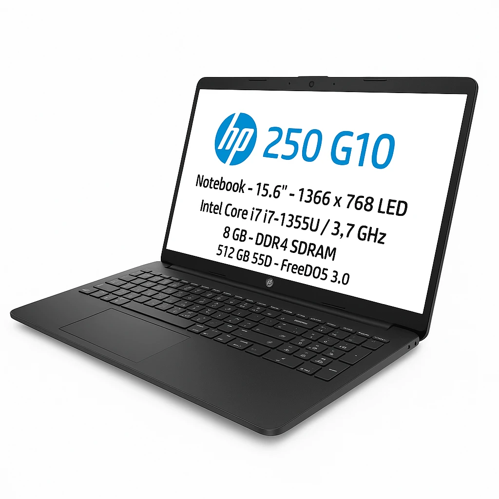 HP 250 G10 - Notebook - 15.6" - 1366 x 768 LED - Intel Core i7 I7-1355U / 3.7 GHz - 8 GB - DDR4 SDRAM - 512 GB SSD - FreeDOS 3.0 - Black - 9S8U5LA#ABM