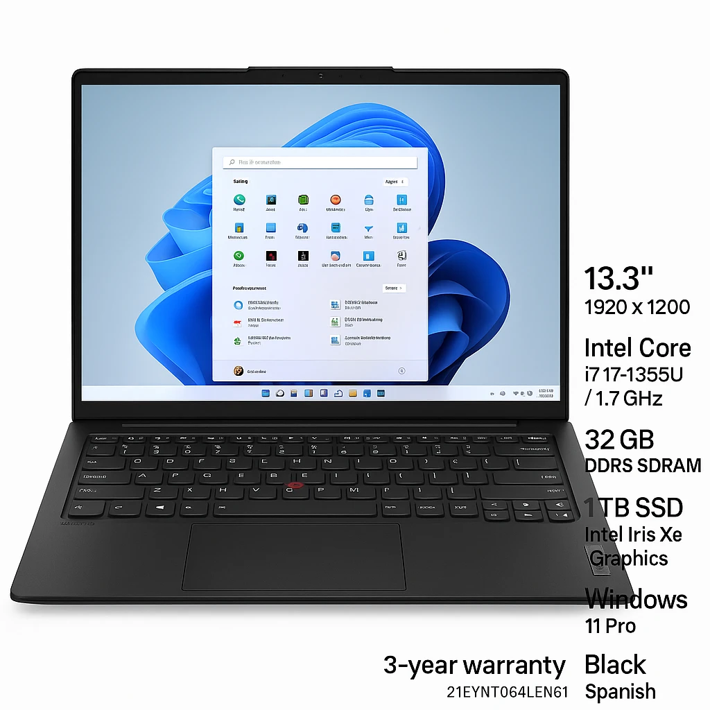 Lenovo - Notebook - 13.3" - 1920 x 1200 - Intel Core i7 I7-1355U / 1.7 GHz - 32 GB - DDR5 SDRAM - 1 TB SSD - Intel Iris Xe Graphics - Windows 11 Pro - Black - Spanish - 3-year warranty - 21EY