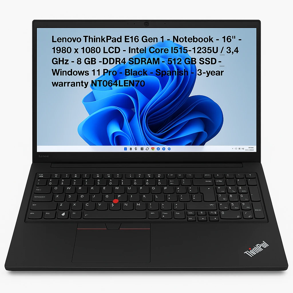 Lenovo ThinkPad E16 Gen 1 - Notebook - 16" - 1980 x 1080 LCD - Intel Core i5 I5-1235U / 3.4 GHz - 8 GB - DDR4 SDRAM - 512 GB SSD - Windows 11 Pro - Black - Spanish - 3-year warranty