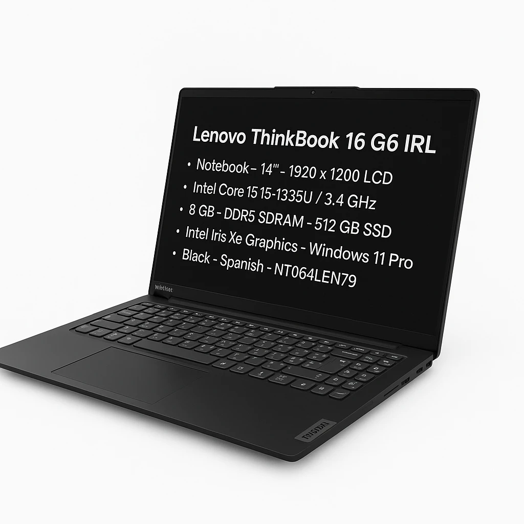 Lenovo ThinkBook 16 G6 IRL - Notebook - 14" - 1920 x 1200 LCD - Intel Core i5 I5-1335U / 3.4 GHz - 8 GB - DDR5 SDRAM - 512 GB SSD - Intel Iris Xe Graphics - Windows 11 Pro - Black - Spanish -
