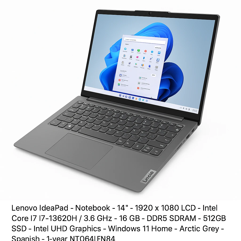 Lenovo IdeaPad - Notebook - 14" - 1920 x 1080 LCD - Intel Core i7 I7-13620H / 3.6 GHz - 16 GB - DDR5 SDRAM - 512 GB SSD - Intel UHD Graphics - Windows 11 Home - Arctic Grey - Spanish - 1-year