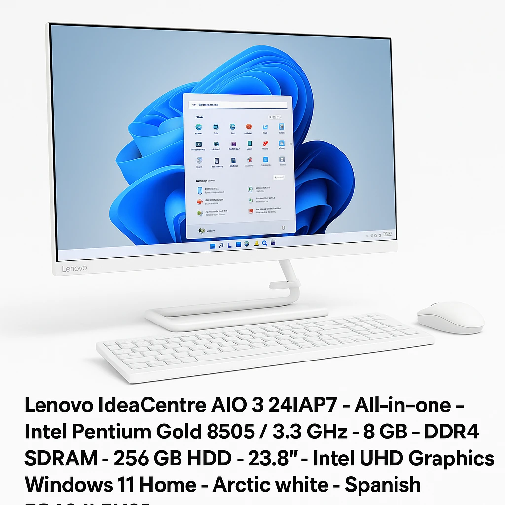Lenovo IdeaCentre AIO 3 24IAP7 - All-in-one - Intel Pentium Gold 8505 / 3.3 GHz - 8 GB - DDR4 SDRAM - 256 GB HDD - 23.8" - Intel UHD Graphics - Windows 11 Home - Arctic white - Spanish