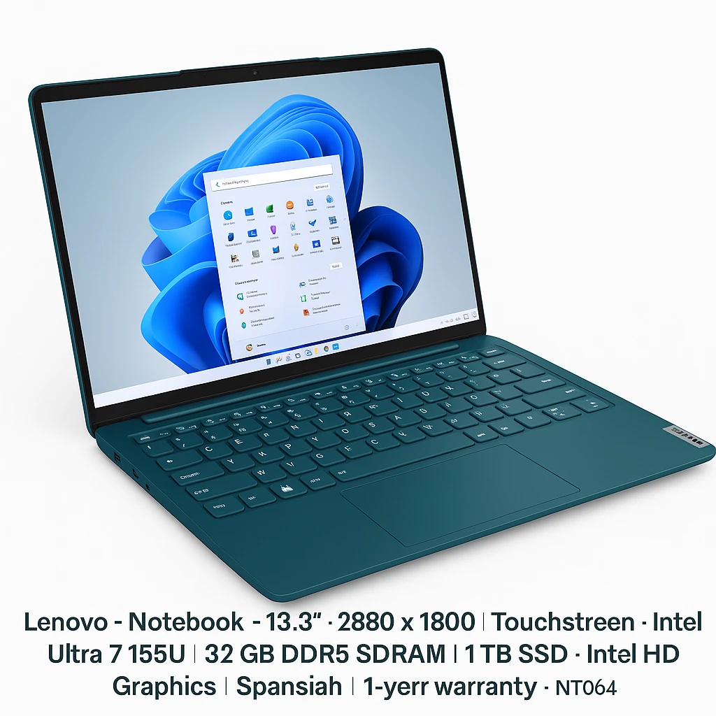 Lenovo - Notebook - 13.3" - 2880 x 1800 LCD - Touchscreen - Intel Ultra 7 155U - 32 GB - DDR5 SDRAM - 1 TB SSD - Intel HD Graphics - Windows 11 Home - Tidal Teal - Spanish - 1-year warranty