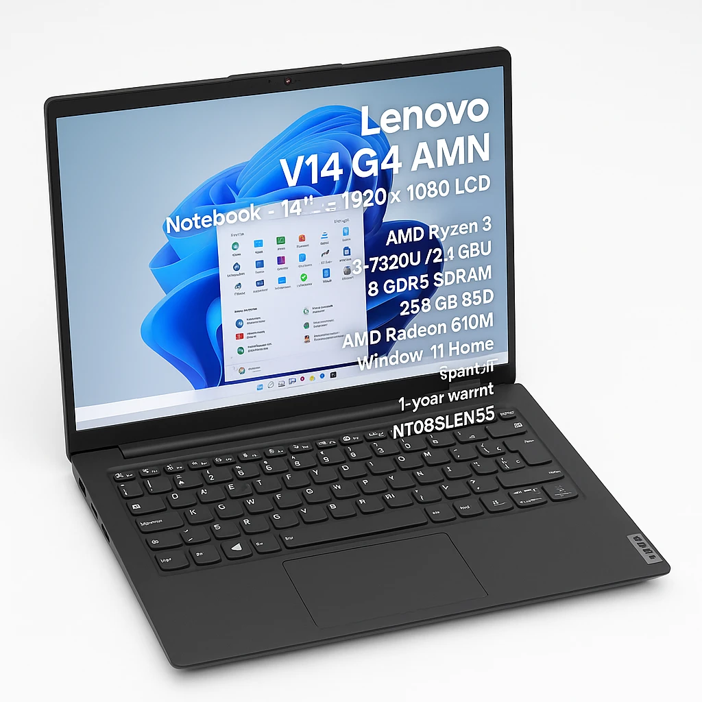 Lenovo V14 G4 AMN - Notebook - 14" - 1920 x 1080 LCD - AMD Ryzen 3 Ryzen 3-7320U / 2.4 GHz - 8 GB - DDR5 SDRAM - 256 GB SSD - AMD Radeon 610M - Windows 11 Home - Black - Spanish - 1-year warr