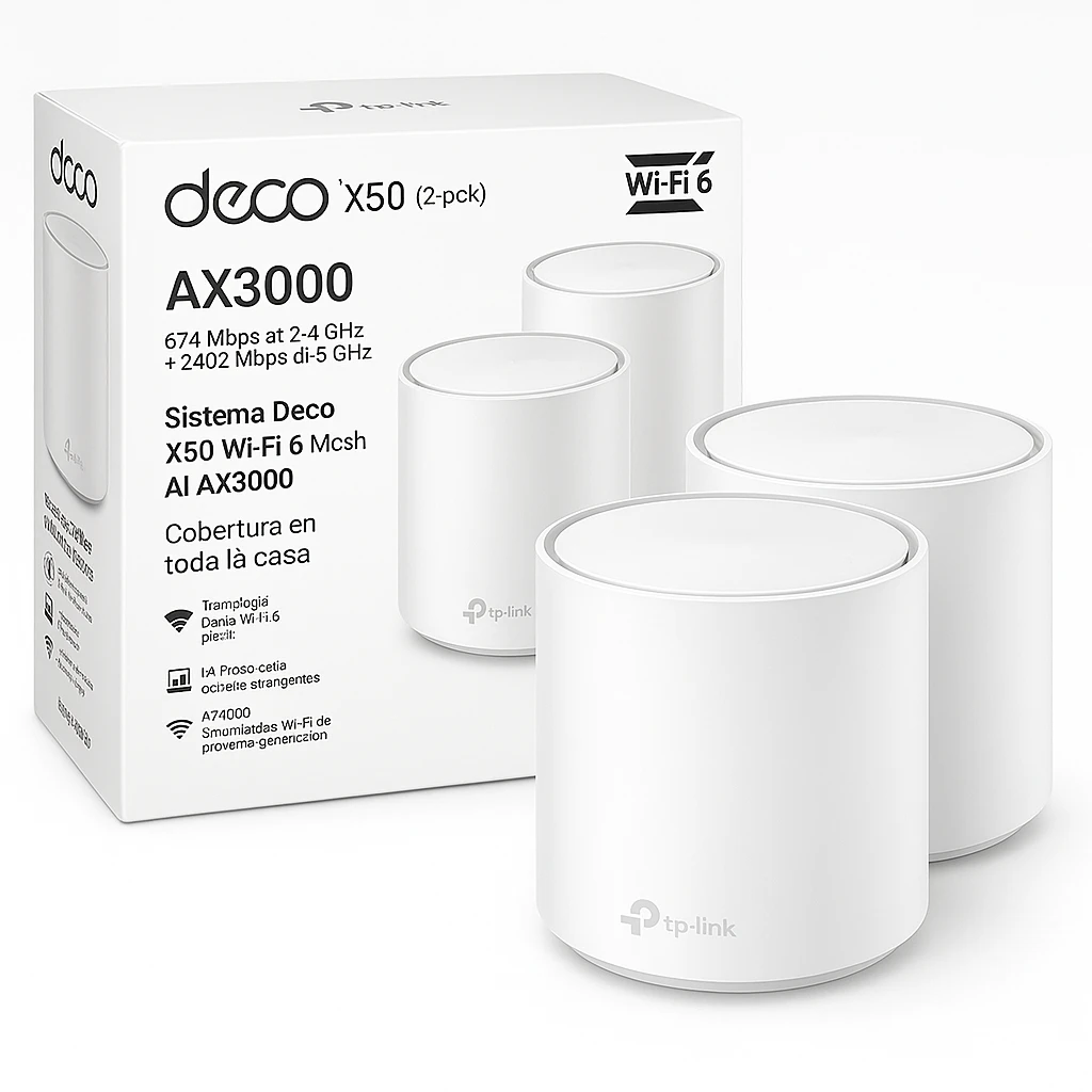 TP-Link - Router - Deco X50(2-pack) - AX3000 - 574 Mbps at 2.4 GHz + 2402 Mbps at 5 GHz - Sistema Deco X50 Wi-Fi 6 Mesh AI AX3000 - Cobertura en toda la casa. La tecnología Deco Wi-Fi 6 Mesh 