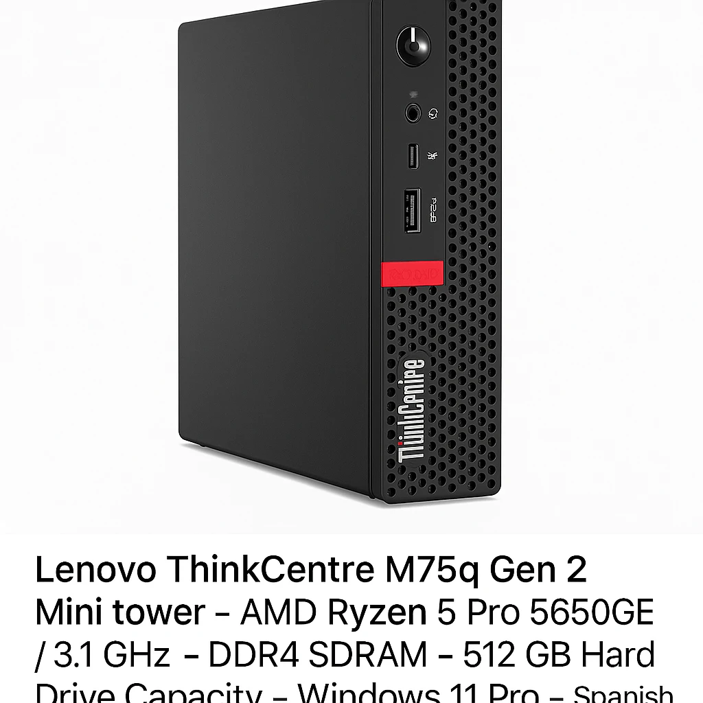 Lenovo ThinkCentre M75q Gen 2 - Mini tower - AMD Ryzen 5 Pro 5650GE / 3.1 GHz - DDR4 SDRAM - 512 GB Hard Drive Capacity - Windows 11 Pro - Spanish