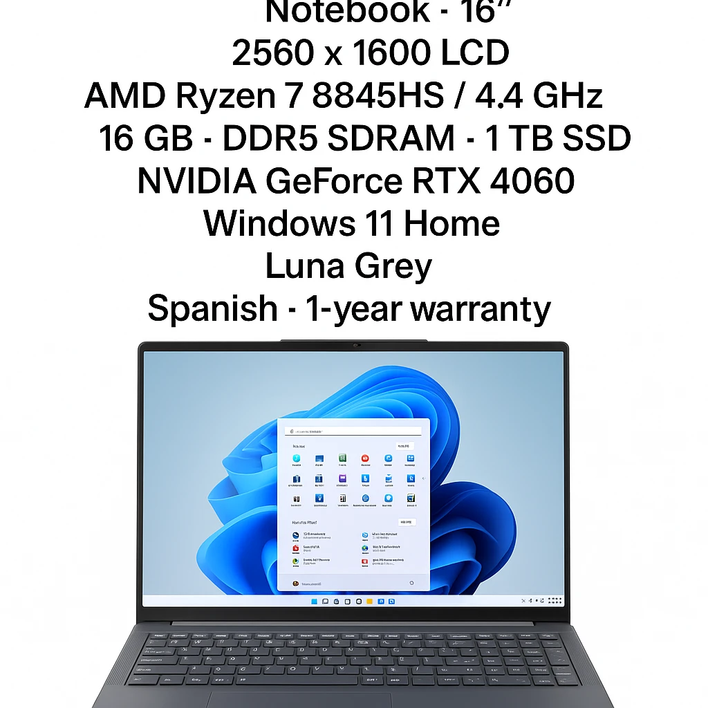 Lenovo - Notebook - 16" - 2560 x 1600 LCD - AMD Ryzen 7 8845HS / 4.4 GHz - 16 GB - DDR5 SDRAM - 1 TB SSD - NVIDIA GeForce RTX 4060 - Windows 11 Home - Luna Grey - Spanish - 1-year warranty