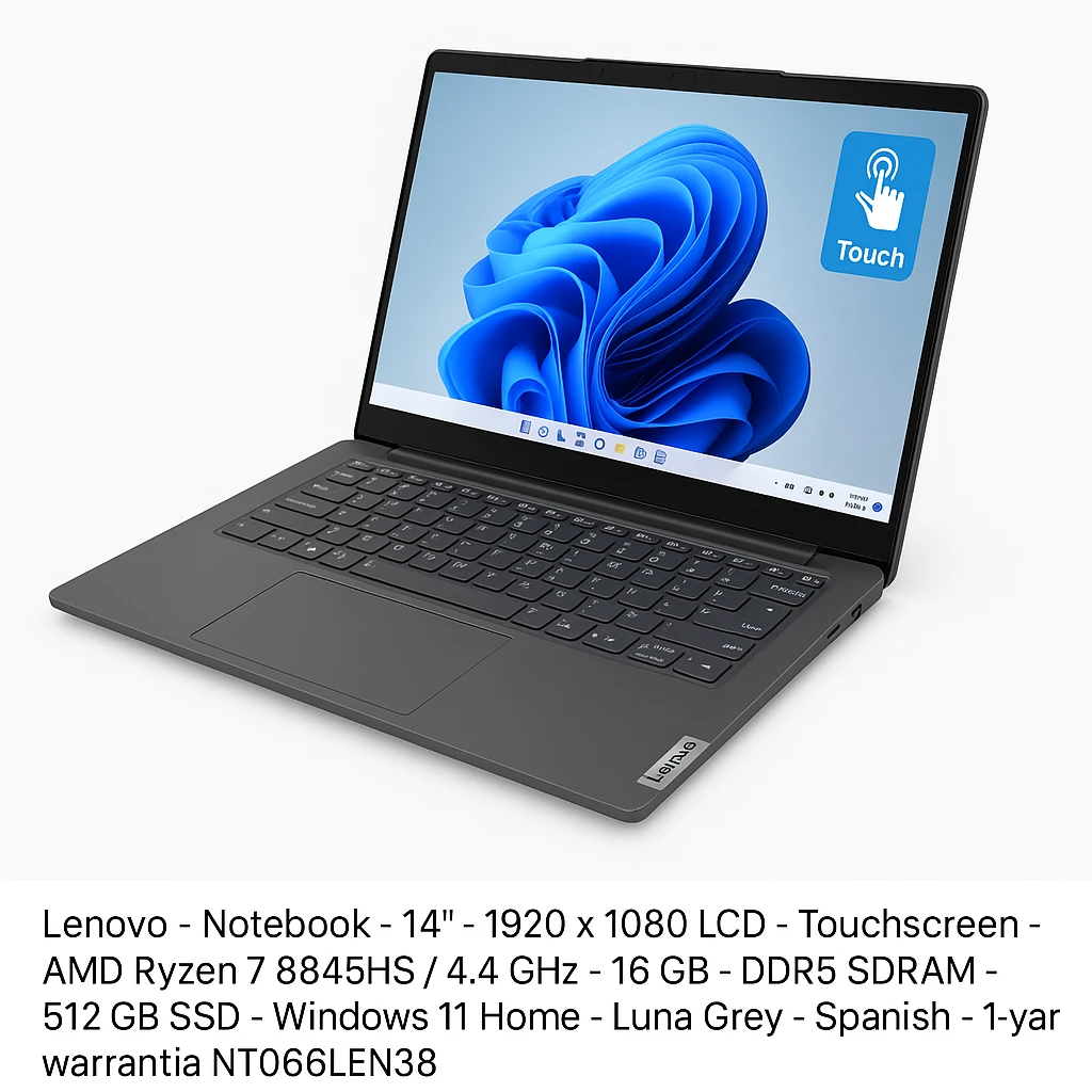 Lenovo - Notebook - 14" - 1920 x 1080 LCD - Touchscreen - AMD Ryzen 7 8845HS / 4.4 GHz - 16 GB - DDR5 SDRAM - 512 GB SSD - Windows 11 Home - Luna Grey - Spanish - 1-year warranty