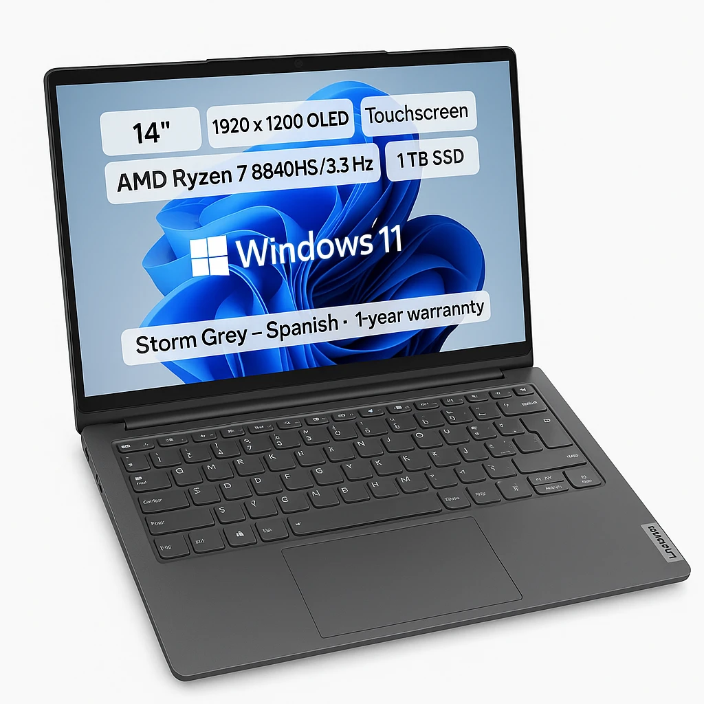 Lenovo - Notebook - 14" - 1920 x 1200 OLED - Touchscreen - AMD Ryzen 7 8840HS / 3.3 GHz - DDR5 SDRAM - 16 GB - 1 TB SSD - Windows 11 Home - Storm Grey - Spanish - 1-year warranty
