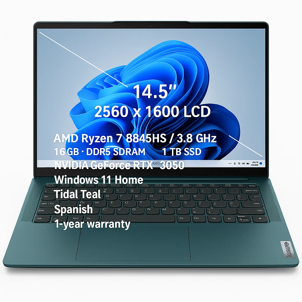 Lenovo - Notebook - 14.5" - 2560 x 1600 LCD - AMD Ryzen 7 8845HS / 3.8 GHz - 16 GB - DDR5 SDRAM - 1 TB SSD - NVIDIA GeForce RTX 3050 - Windows 11 Home - Tidal Teal - Spanish - 1-year warranty